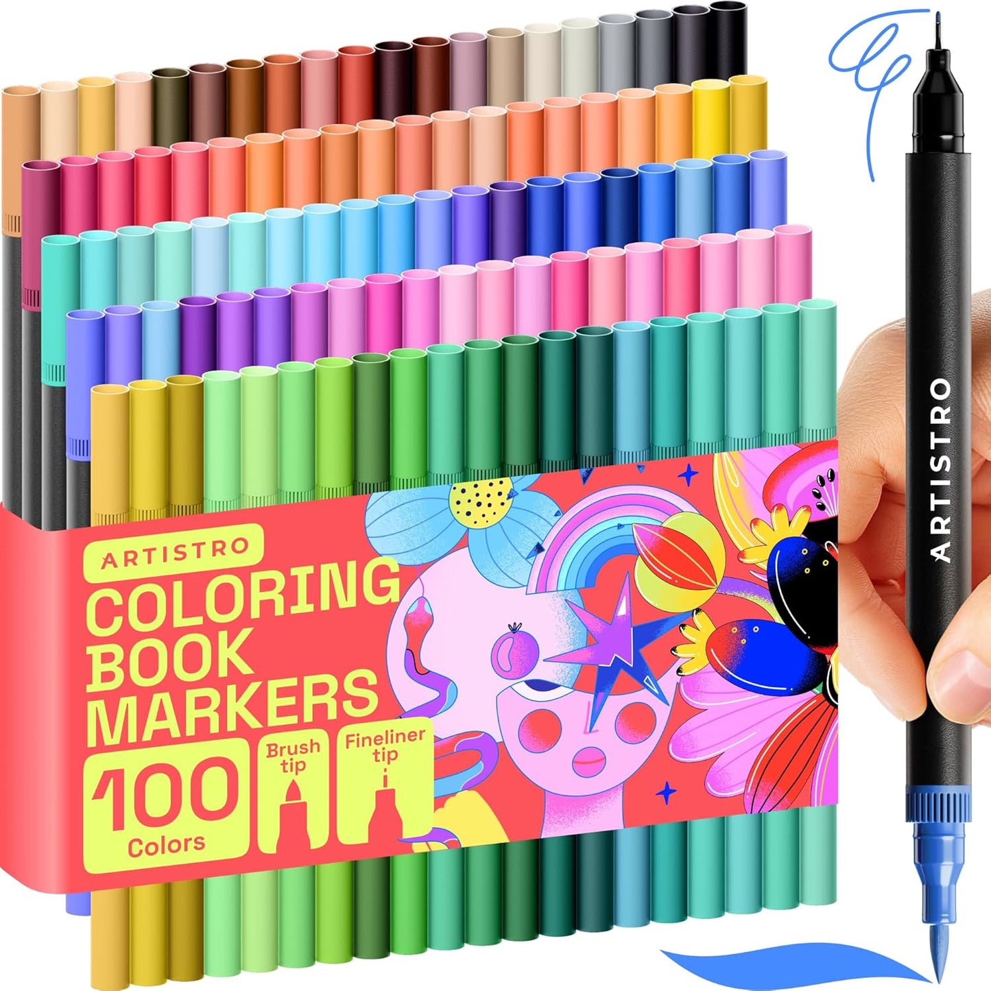 ARTISTRO 100 Brush Marker Pens Coloring Markers for Adults Brush Tip & 0.4mm Fineliner Pens Coloring Markers No Bleeding