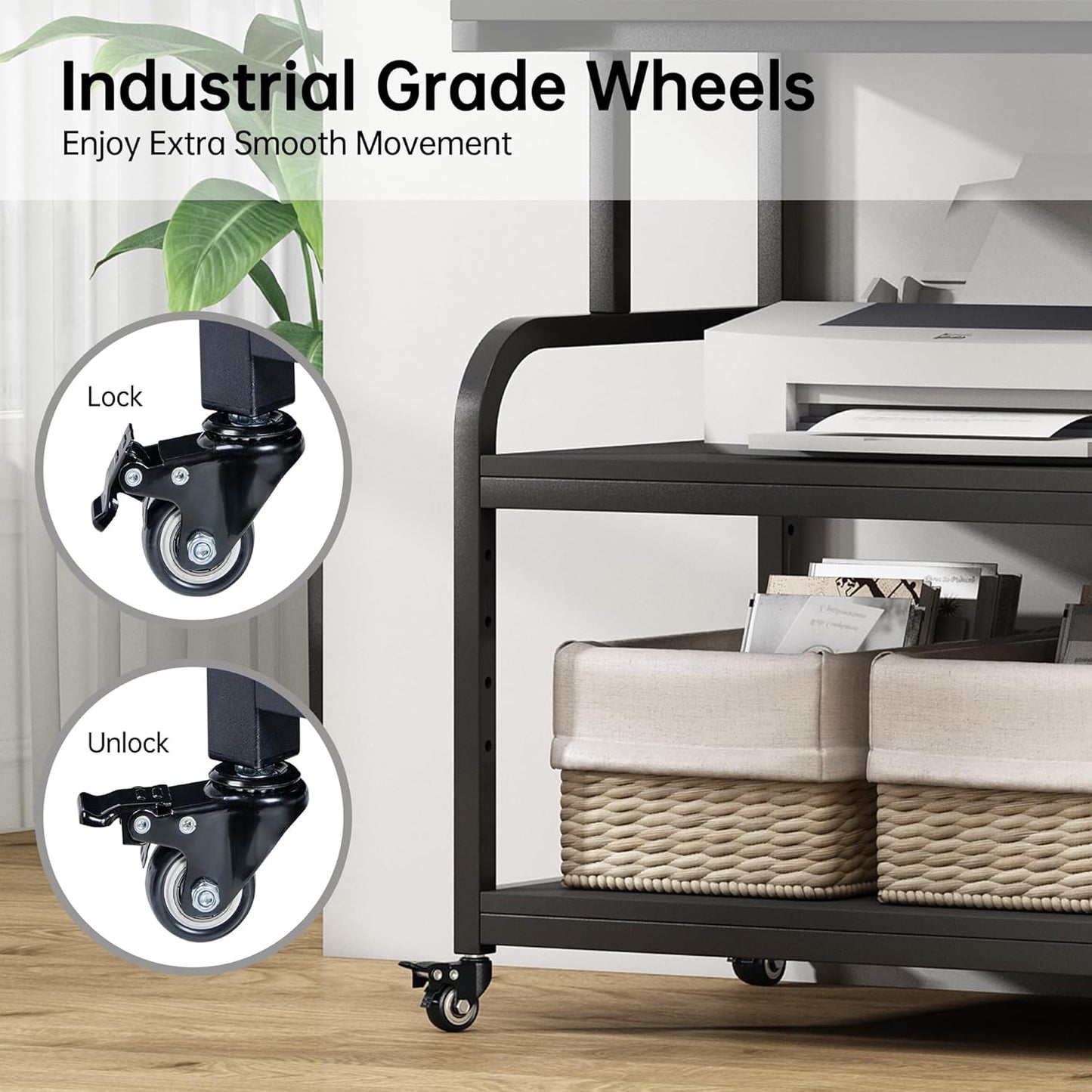 32.3" x 18.9" Extra Large Printer Stand Table with Adjustable Storage Shelf, 3 Tier Rolling Printer Cart with Industrial Wheels for Home Office, Black