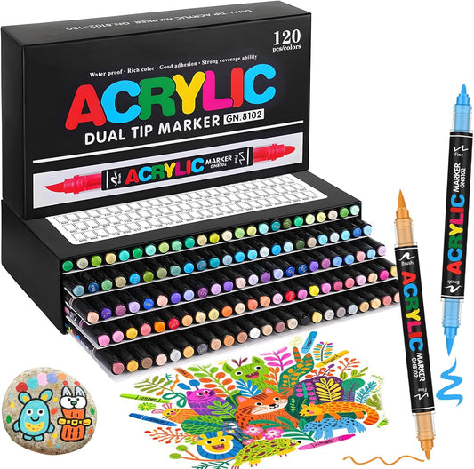 120 Colors Dual Tip Acrylic Paint Pens, 0.5-5MM Brush Tip & 1 MM Fine Tip Acrylic Paint Markers for Stone, Glass, Canvas, Rocks, Wood & More – Vibrant paint Markers and PAINT PENS for Crafting & DIY
