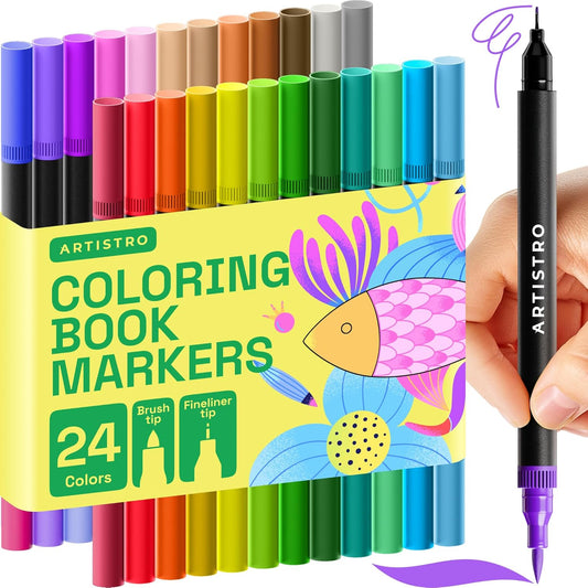 ARTISTRO 24 Brush Marker Pens Coloring Markers for Adults Brush Tip & 0.4mm Fineliner Pens Coloring Markers No Bleeding