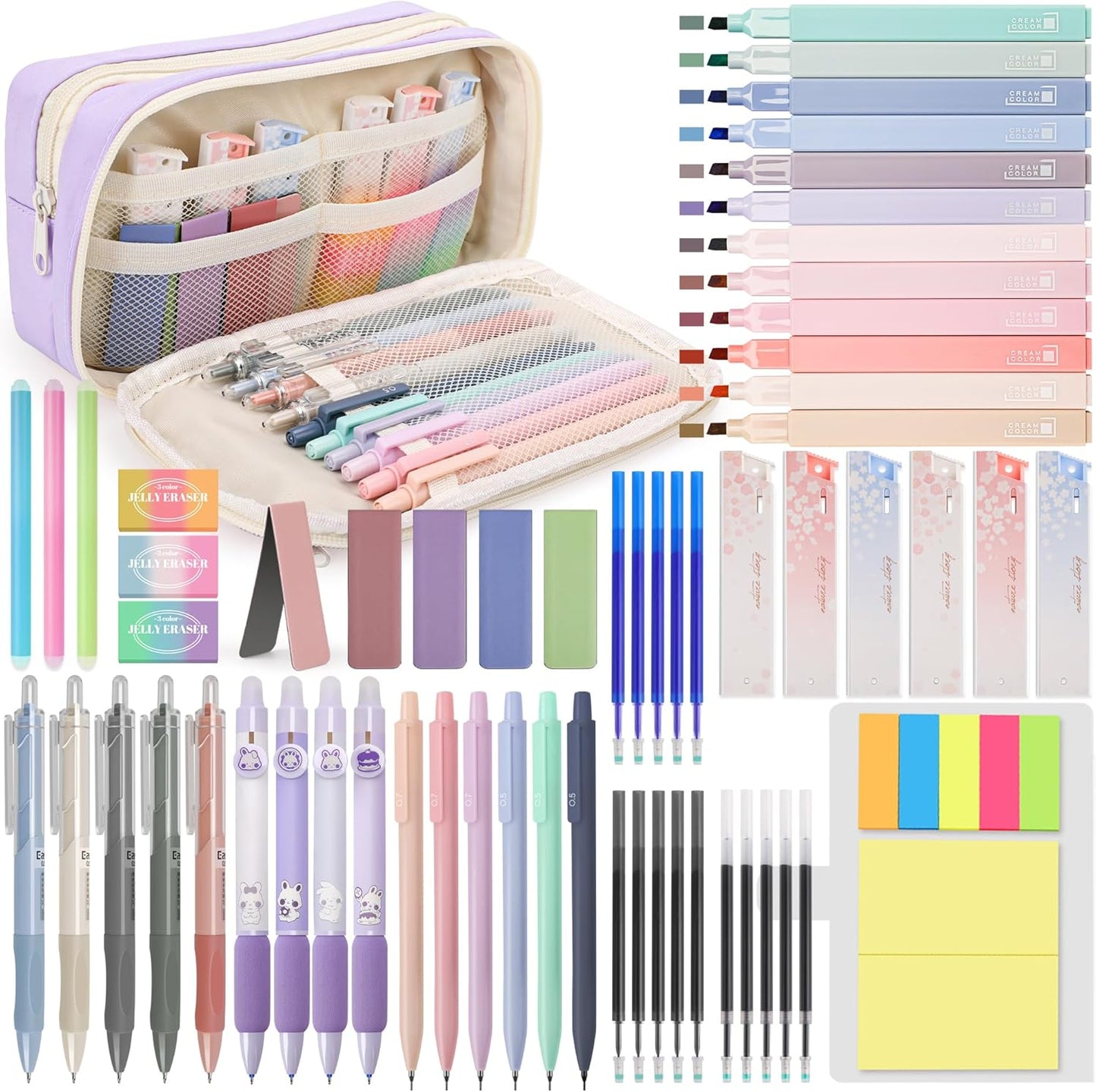 61 PCS Aesthetic School Supplies with Cute Pen Case, Pastel Highlighters, Gel & Erasable Pens, Mechanical Pencils, Refills, Complete Essentials Stationery Kit for Students (Purple)
