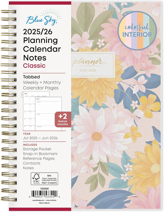Blue Sky 2025-2026 Weekly and Monthly Academic Year Planner Calendar, July 2025 - June 2026, 5.8" x 8.6", Flexible Cover, Wirebound, Laminated Tabs, Storage Pocket, Daisy Garden