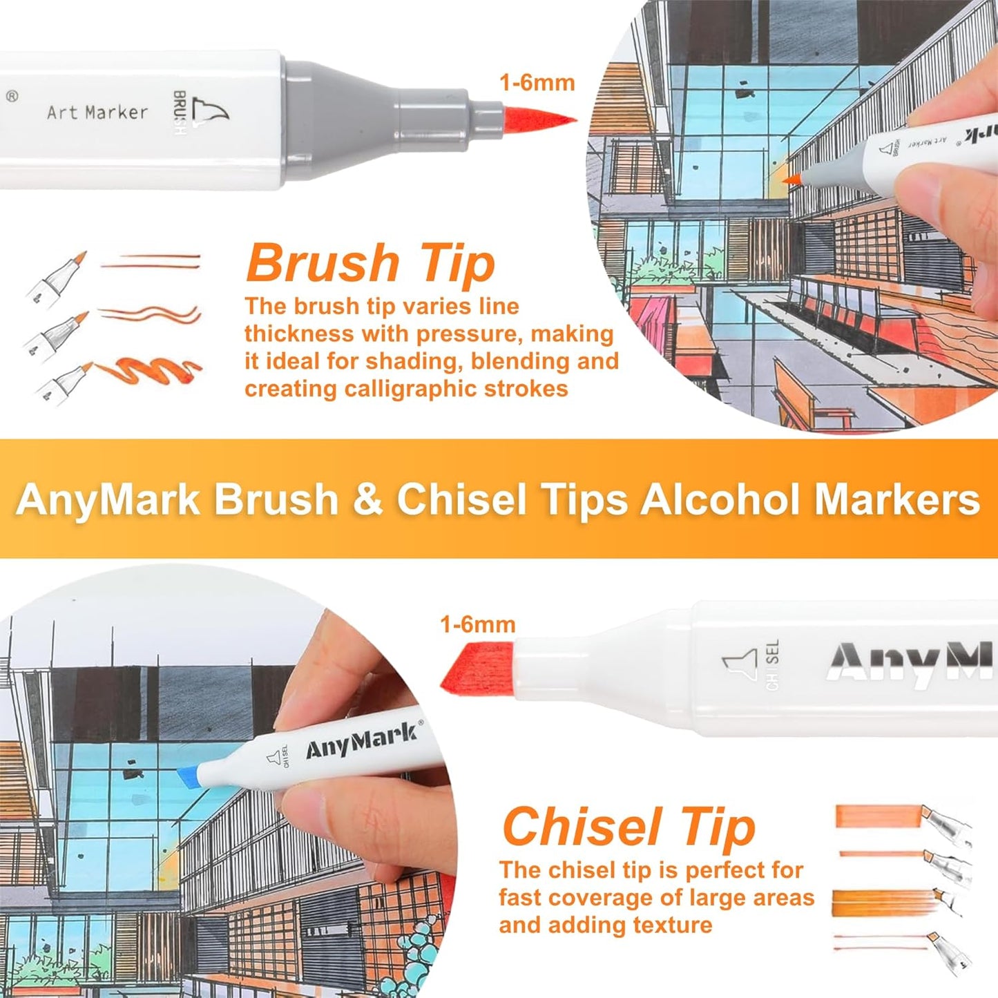 AnyMark Alcohol Markers Brush Tip, 60+1 Colors Dual Tip Brush & Chisel Alcohol-Based Art Markers Set with Case for Adult Artists Drawing Coloring