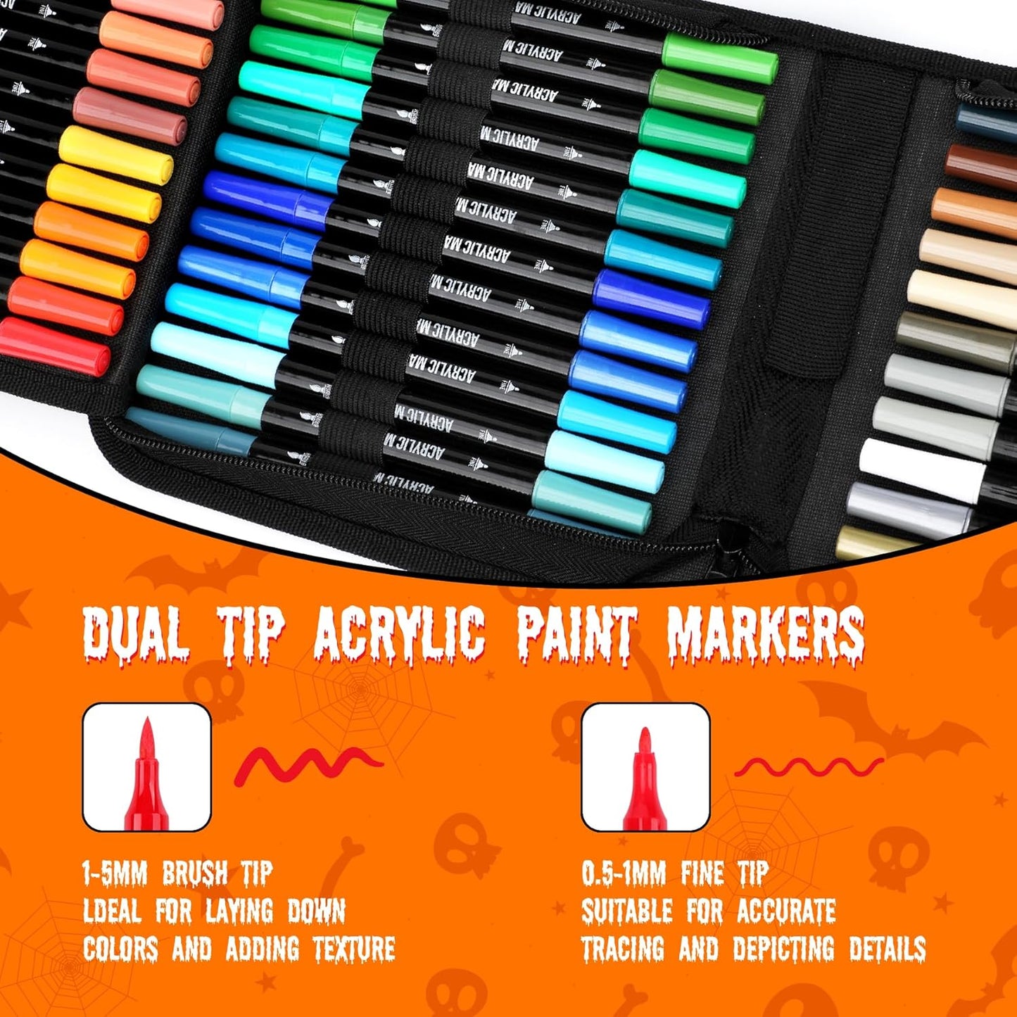 48 Colors Acrylic Paint Markers, Dual Tip with Fine Tip and Brush Tip Pens for Stone, Wood, Calligraphy, Canvas, Ceramic, Metal, Glass, Rock Painting, DIY Crafts Art Supplies Kit