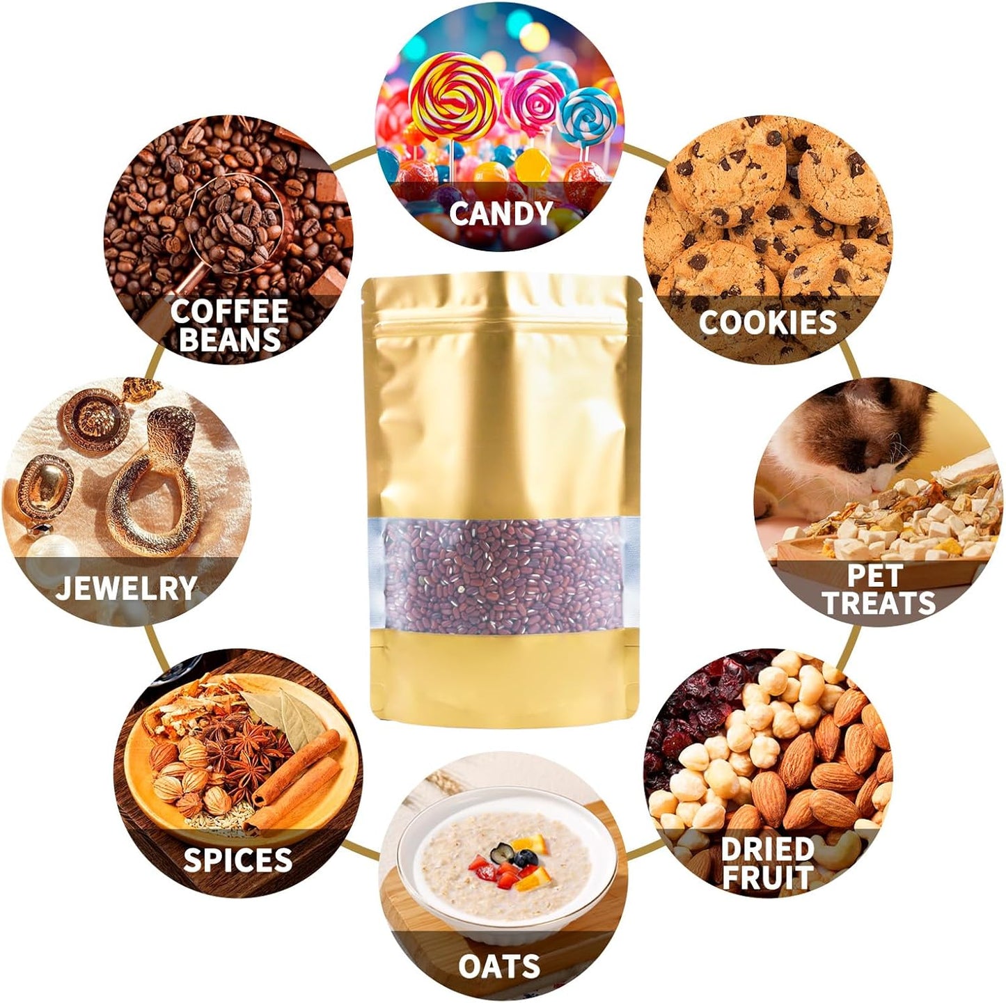 100 Pack Smell Proof Bags, Resealable Gold Mylar Bags with Matte Window, Foil Pouch Stand Up Sealable Bags for Packaging, 3.93 × 5.9 Inch