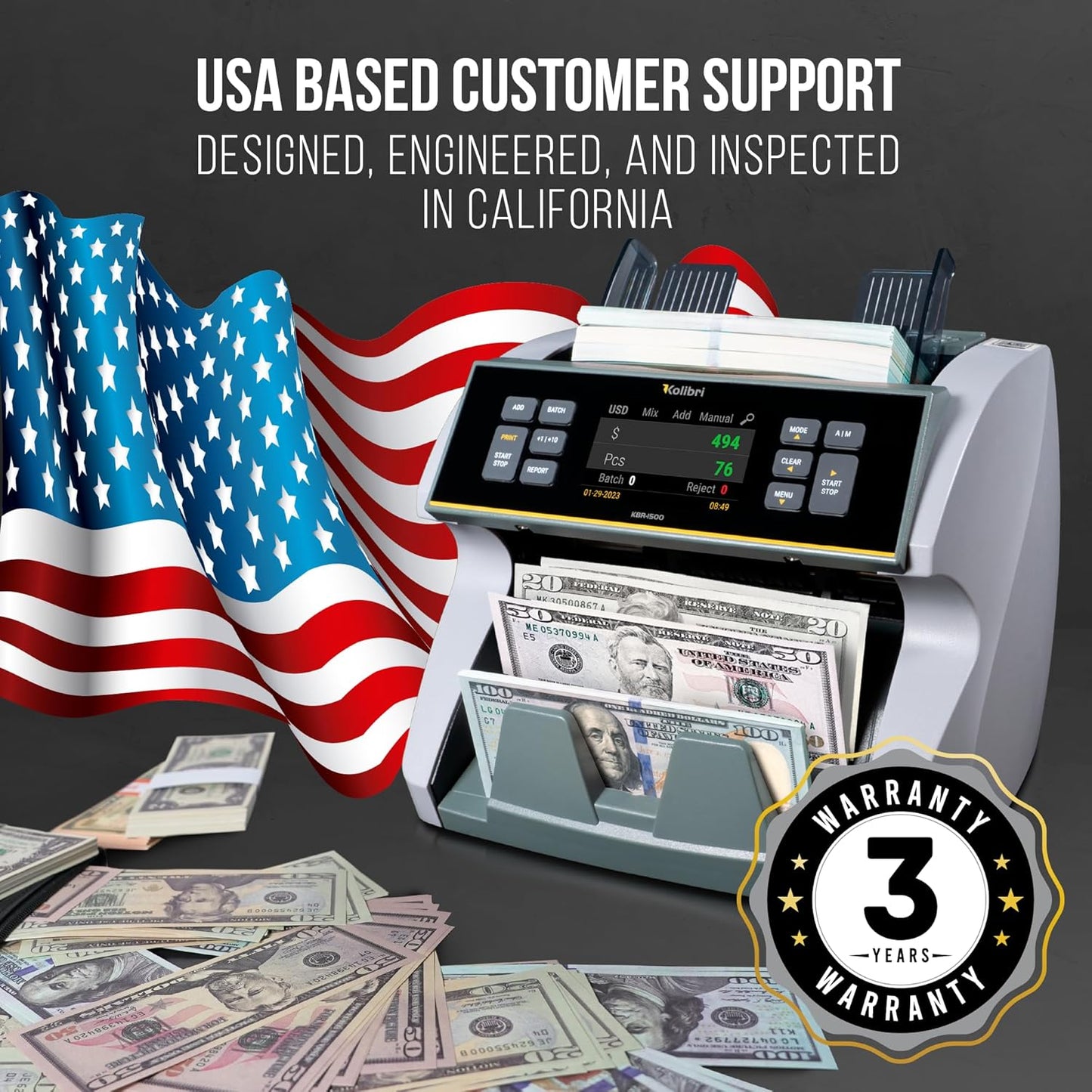 KOLIBRI KBR-1500 V2 Business-Grade Money Counter | Bill Counter, Sorter, Reader with Counterfeit Detection | Mixed Value Money Counting Machine | US Tech Support