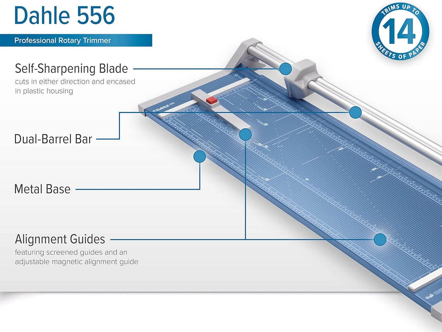 Dahle 556 Professional Rotary Trimmer, 37" Cut Length, 14 Sheet Capacity, Self-Sharpening, Dual Guide Bar, Automatic Clamp, German Engineered Paper Cutter