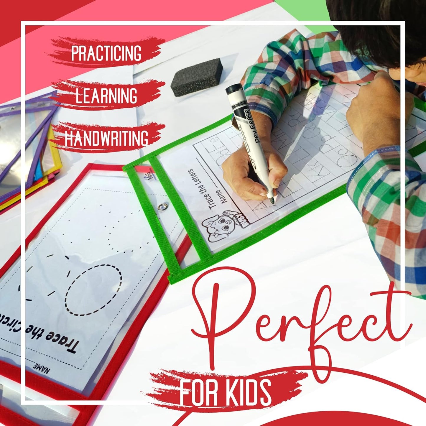 60 Packs Oversized Dry Erase Pockets Sleeves - 10 Assorted Colors with 4 Binder Rings - Dry Erase Sheets Reusable - 10x14 Ticket Holders - Clear Plastic Sheet Protectors for Classroom Teacher Supplies