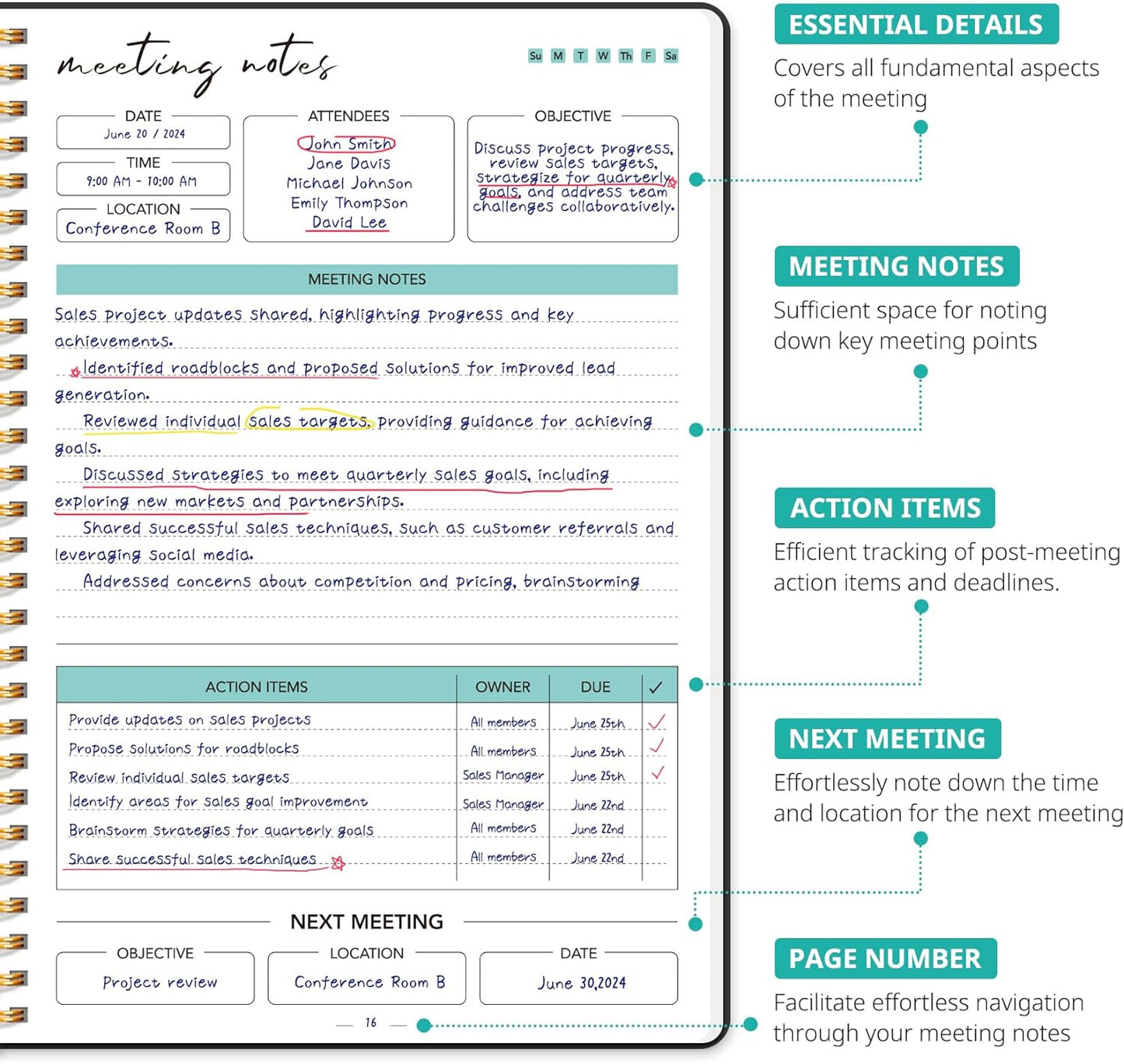 6 Pack of Meeting Notebook for Work Organization - Work notebook with action items, Meeting Minutes Planner Notebook, Perfect Office Supplies for Men & Women - Black