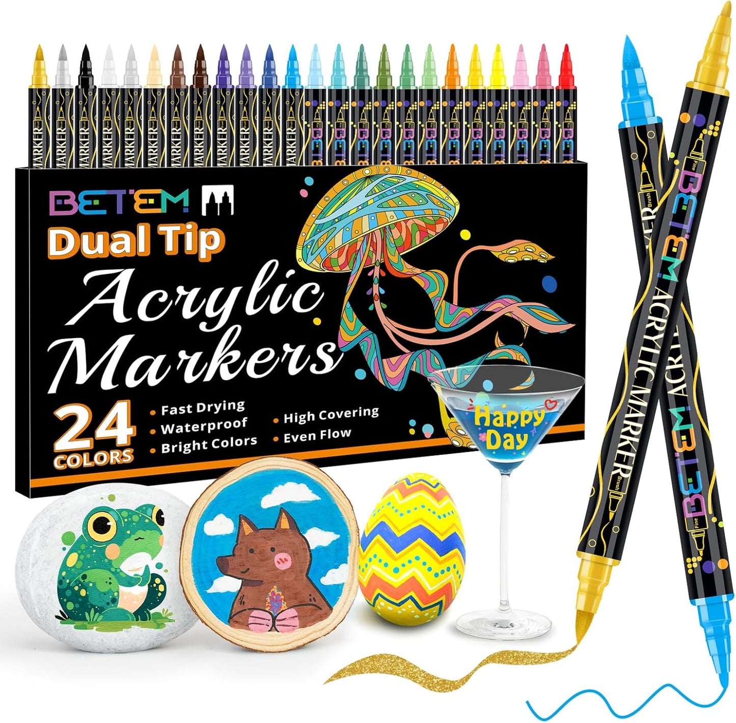 Betem Acrylic Paint Markers, Dual Tip 24 Colors Acrylic Paint Pens with Brush Tip and Fine Point, Art Supplies for Rock, Wood, Canvas, Stone, Glass, Ceramic, Rock Painting DIY Crafts Making Drawing