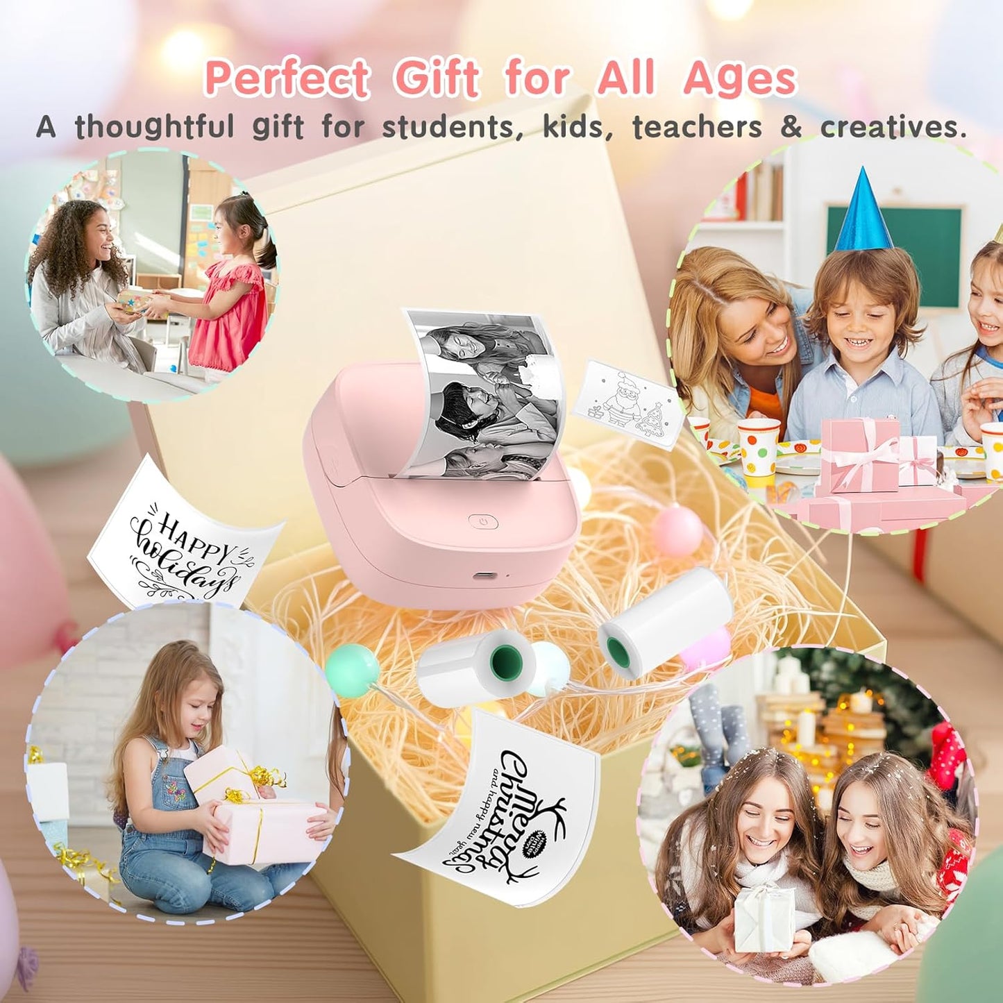 JD-23 Sticker Printer, Mini Portable Thermal Printer Print Pod, Inkless Bluetooth Label Maker Machine for DIY Crafts, Journaling, Office & Home Use, 2 Rolls Sticker Paper, Pink