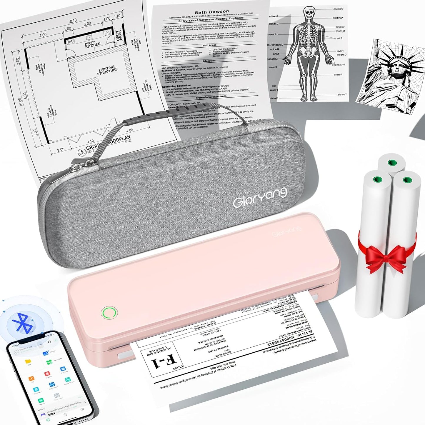 Inkless Portable Printer for Travel, Wireless Thermal Printer Supports 8.5 x 11 Inch US Letter Size, Bluetooth Machine Includes Carry Case and 3 Rolls of Thermal Paper Kit, Pink