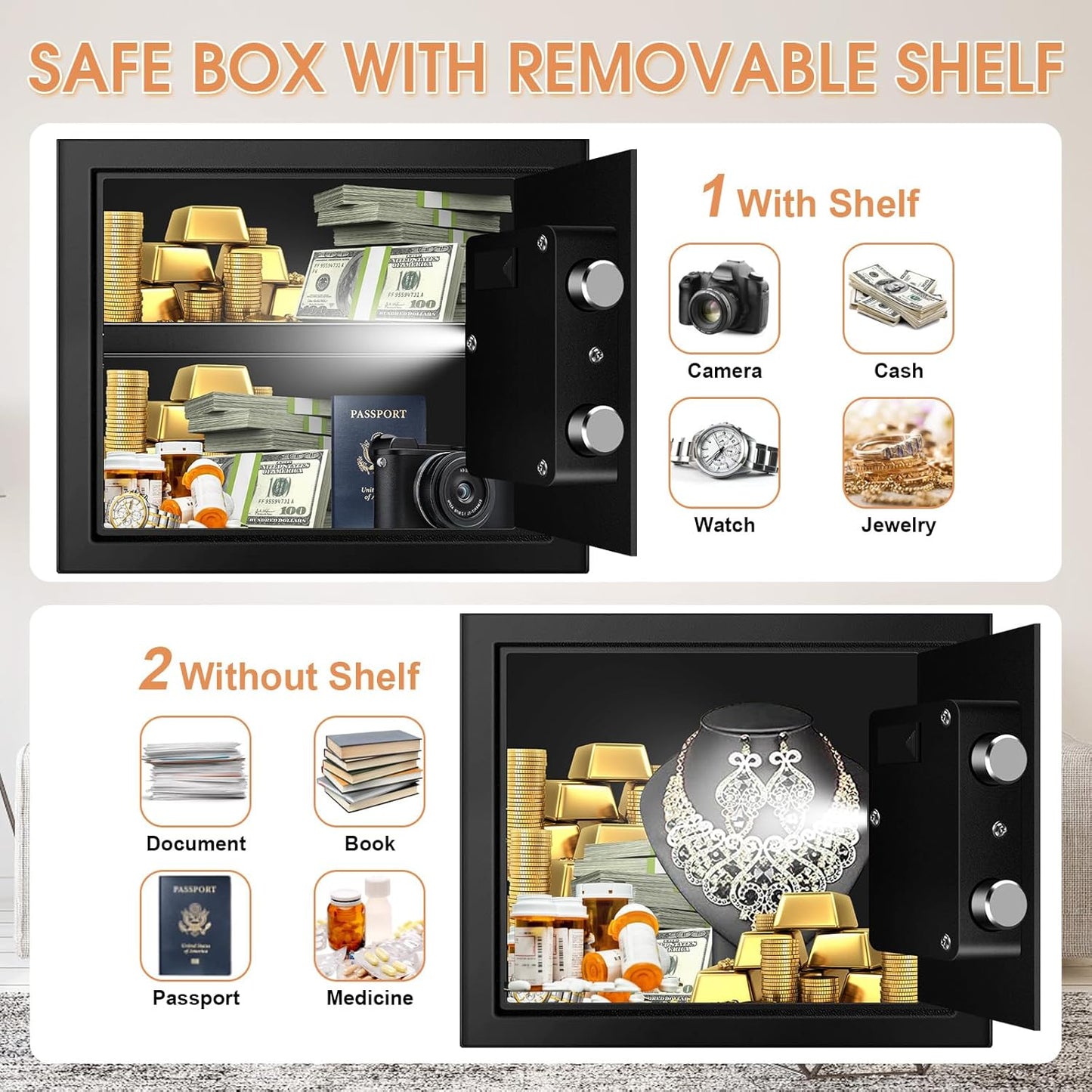 1.6 Cub Small Safes for Home Use, Digital Security Home Safe Box with Programmable Keypad, Spare Keys and Alarm System, Anti-Theft Lock Box Personal Safe for Money Medicines Valuables