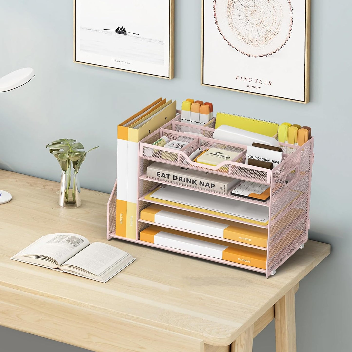 5 Tier Paper Letter Tray with File Holder and 3 Drop-in Pen Holders, Mesh Desk File Organizer with Handle, Desk Organizers and Accessories for School,Home, Office Supplies Storage-Pink