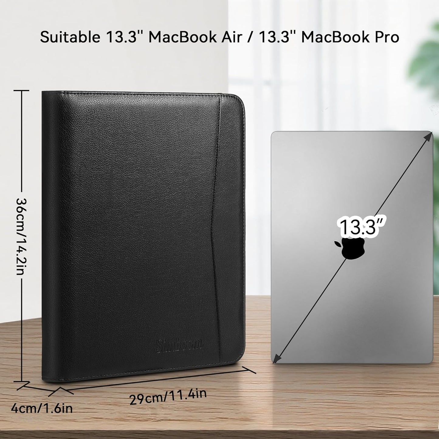 Zippered Leather Padfolio Organizer, Multifunctional Business Portfolio Folder with Zipper, Card Holders Pockets, Notepad Executive File Document Binder for Women Men (Black)