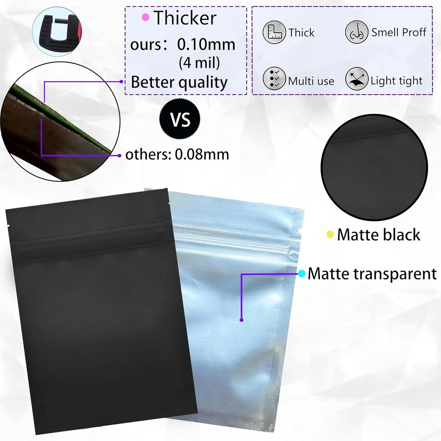 100 Pack Mylar Bags, 3 x 4 inchs Premium Smell Proof Bags with Double-sided Matte Design ，Resealable Food Storage Aluminum Foil Stand-up Packaging Bags. (1 Grams)