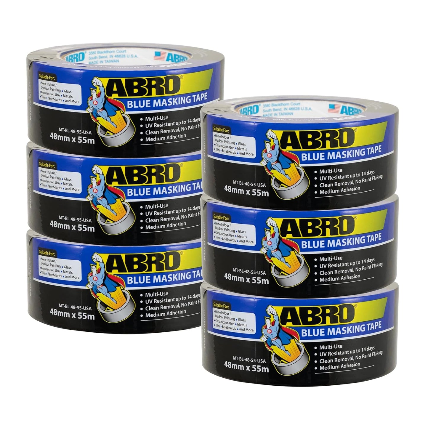 ABRO Blue Painters Tape 2 Inch Wide, 48mm x 55M, All Purpose Blue Tape, Temporary Labeling, Easy Tear, Clean Removal, Masking Tape Colored DIY or Pro - 6 Pack