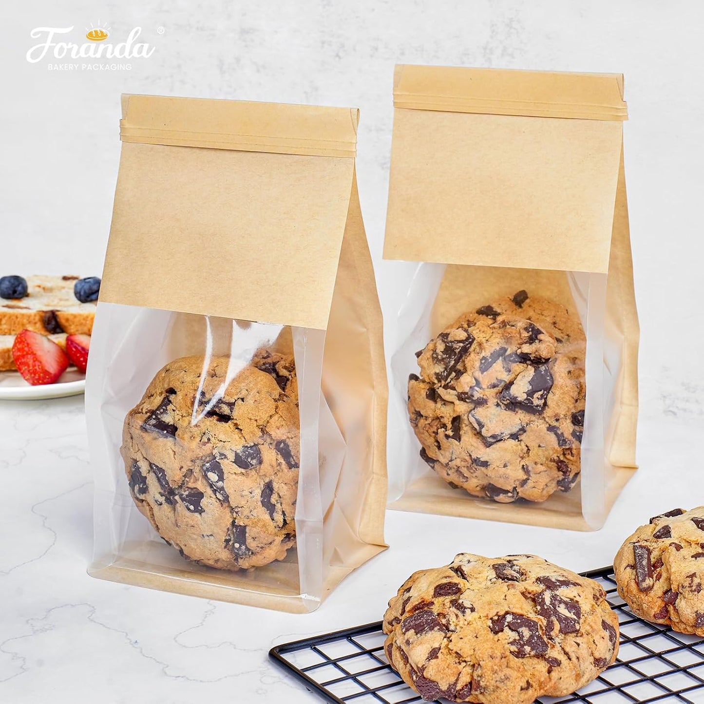 50 Pack Small Bakery Bags with Window, 3.9x3.1x8.2 Inches Tin Tie Tab Lock Cookie Packaging Bag Resealable Paper Treat Bags for Homemade Granola, Popcorn, Candies, Goodies