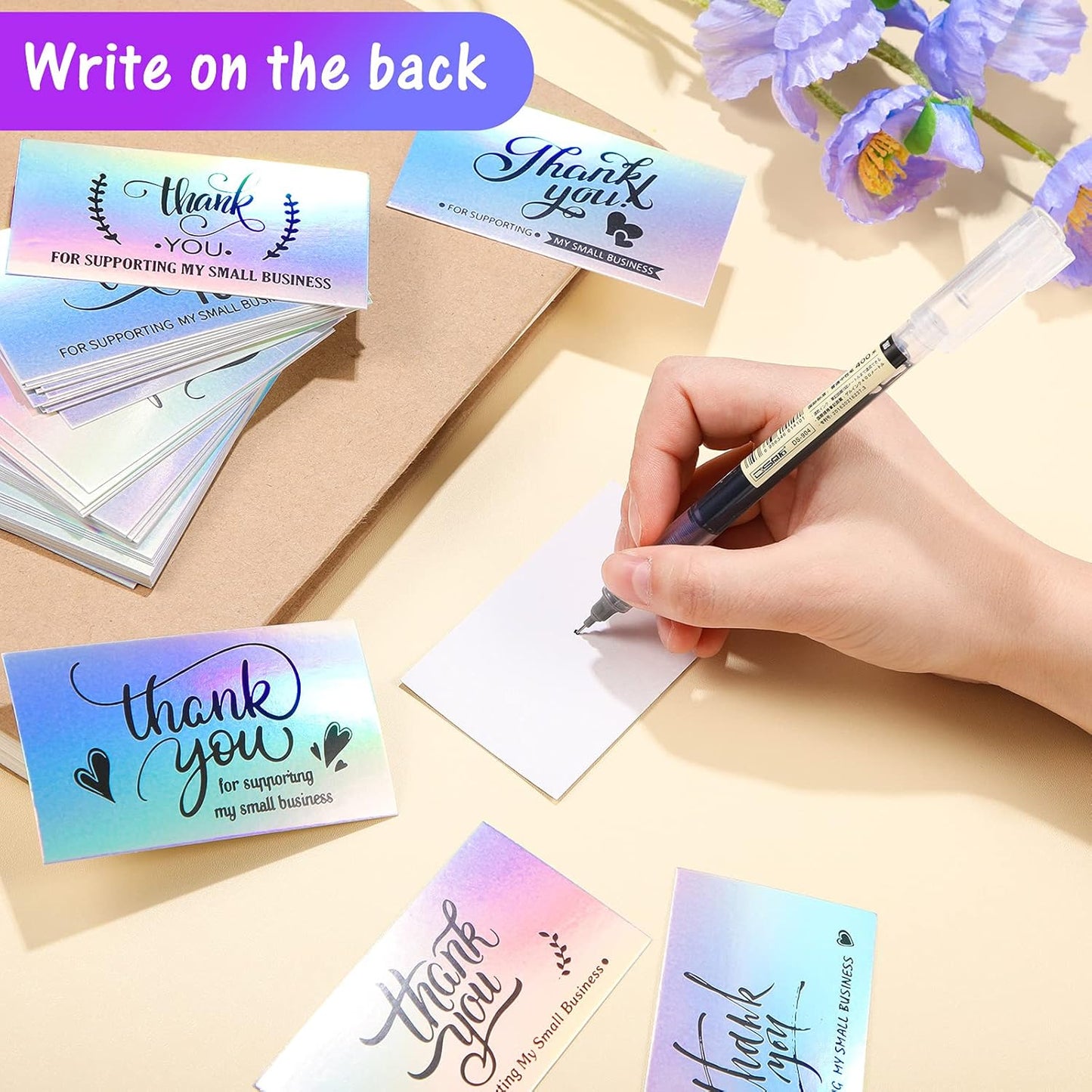 1120 Pcs Thank You Cards and Stickers Set, Include 120 Business Card 1000 Roll Labels Thank You for Supporting My Small Business Stickers Package Insert(Holographic Style)