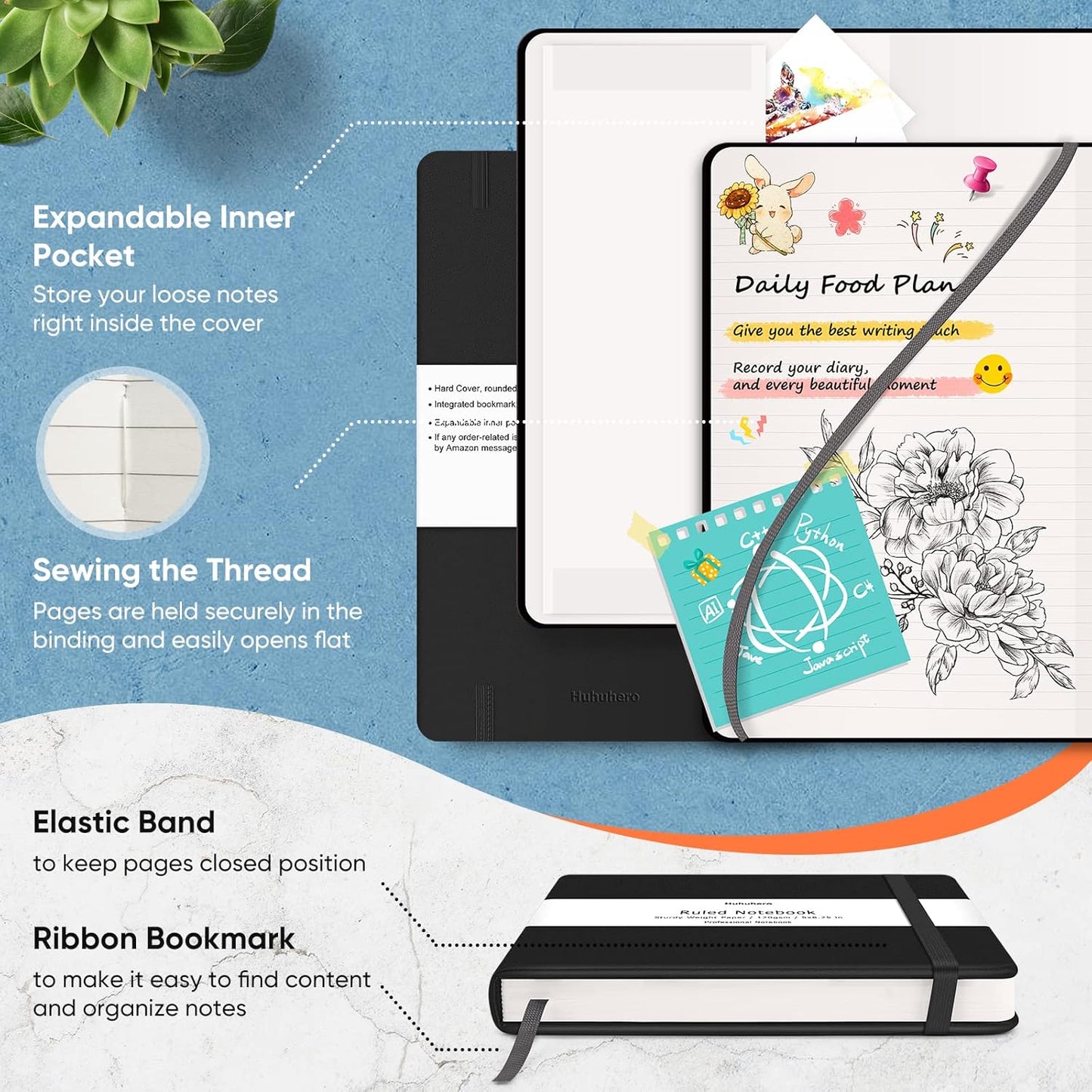 Huhuhero Lined Journal Notebook, 20 Pack Hardcover College Ruled Notebooks for Work School Note Taking, 120 Gsm Thick Paper Journals for Writing, Office School Supplies, 5"×8.25", Black