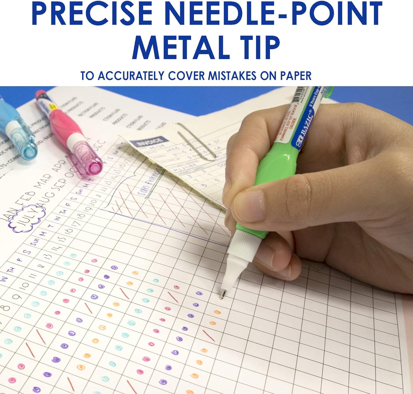 BAZIC Correction Pen (0.1 oz / 3 ml), Precise Metal Tip Applicator, Fine Point Corrections Fluid, White Out Liquid (3/Pack), 144-Packs