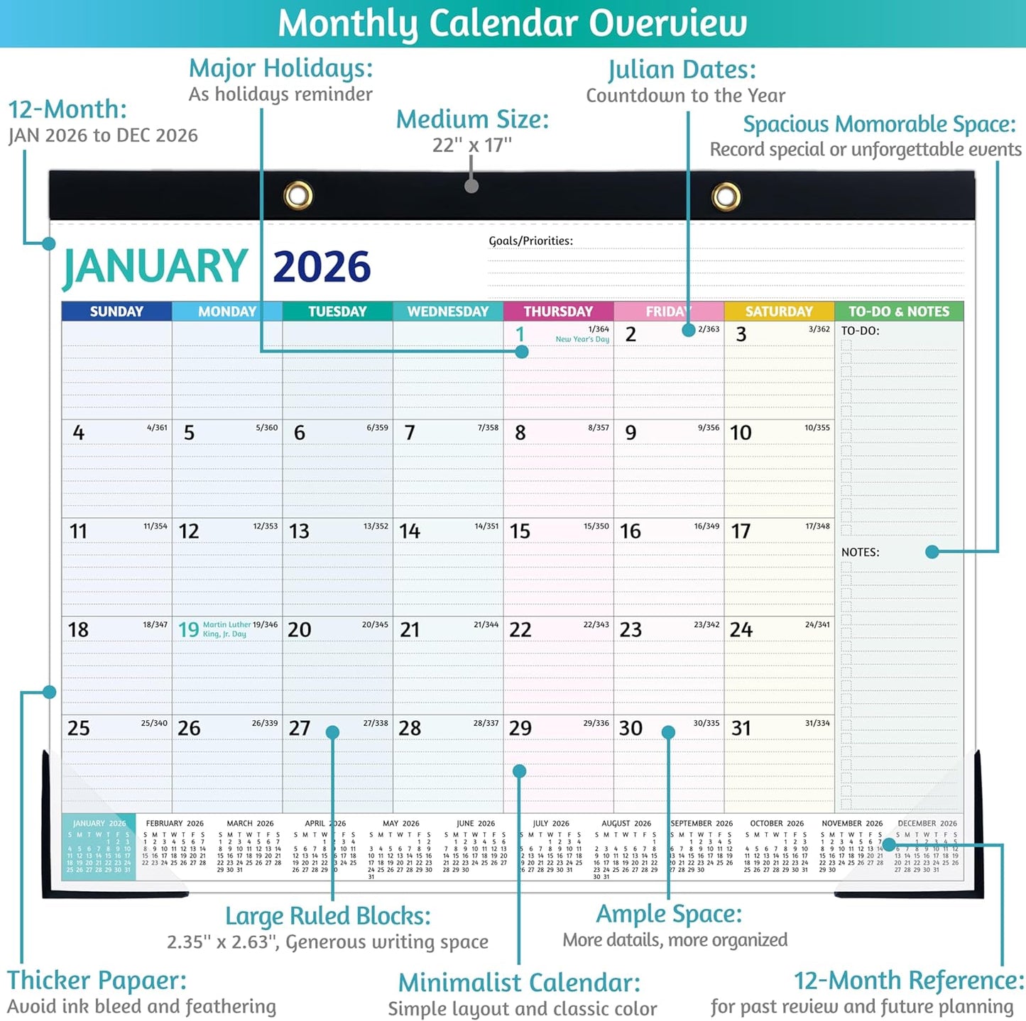 2026 Desk Calendar – Large Desk Calendar 2026, 22'' x 17'', Jan 2026 – Dec 2026, 2026 Desk/Wall Calendar with Desk Pad, To-do Lists, Ruled Blocks, Corner Protectors, Lay Flat ＆ Not Rolled