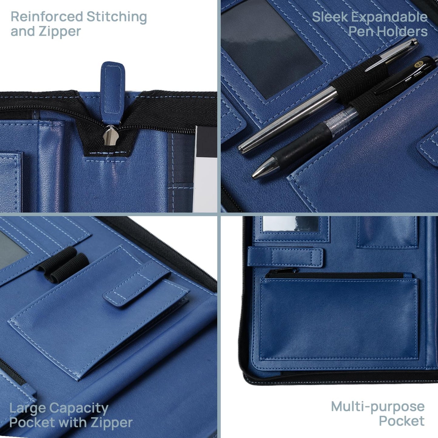 POPRUN Portfolio Binder with Zipper, Leather Padfolio Document Organizer with Storage, Professional Business Briefcase Ideal for Meeting Presentation Work-Includes 50 Sheet Writing Pad, Blue