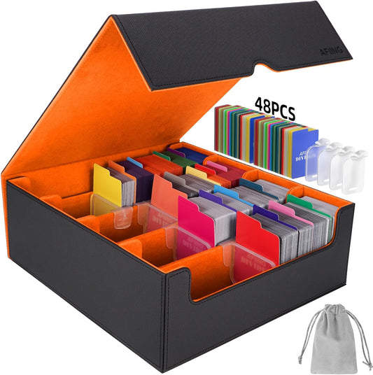 AFIING 4-Row Trading Card Storage Box – Holds 3200+ Cards, 48 Dividers & 4 Stoppers, Card Deck Box for MTG TCG Sports Cards – Includes 1 Dice Bag(Black Orange)