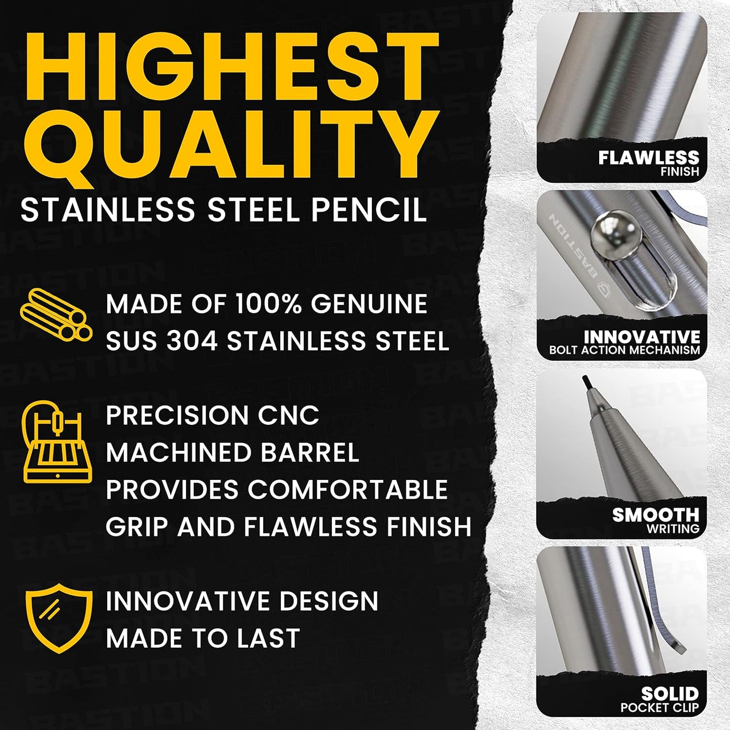 BASTION® Luxury Mechanical Pencil, Professional Medium Point Pencil for Birthday Gift includes 20 x 0.77mm Lead Refills - Stainless Steel