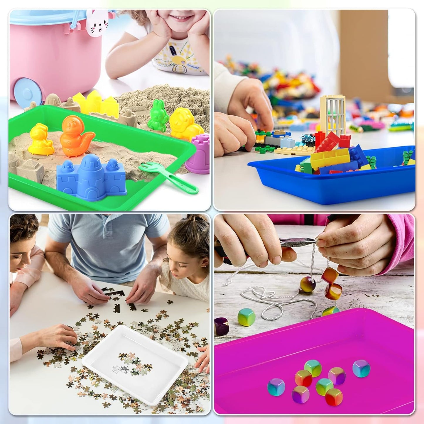 Bercoor 12 Pack Plastic Art Trays, 6 Colors Activity Crafts Tray Serving Tray Organizer Tray for Kids School Classroom DIY Projects, Painting, Jewelry, Beads, Home Organizing Supply