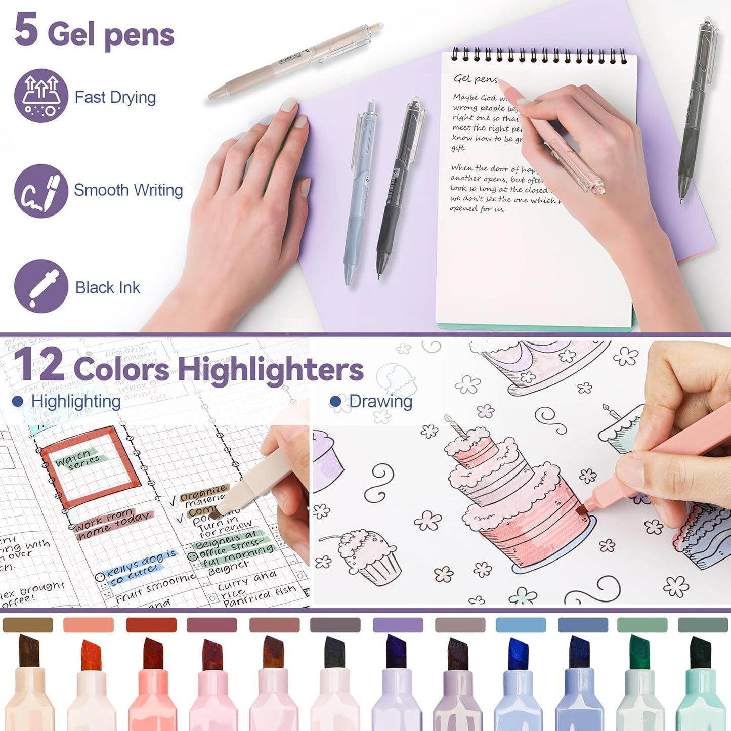 61 PCS Aesthetic School Supplies with Cute Pen Case, Pastel Highlighters, Gel & Erasable Pens, Mechanical Pencils, Refills, Complete Essentials Stationery Kit for Students (Purple)