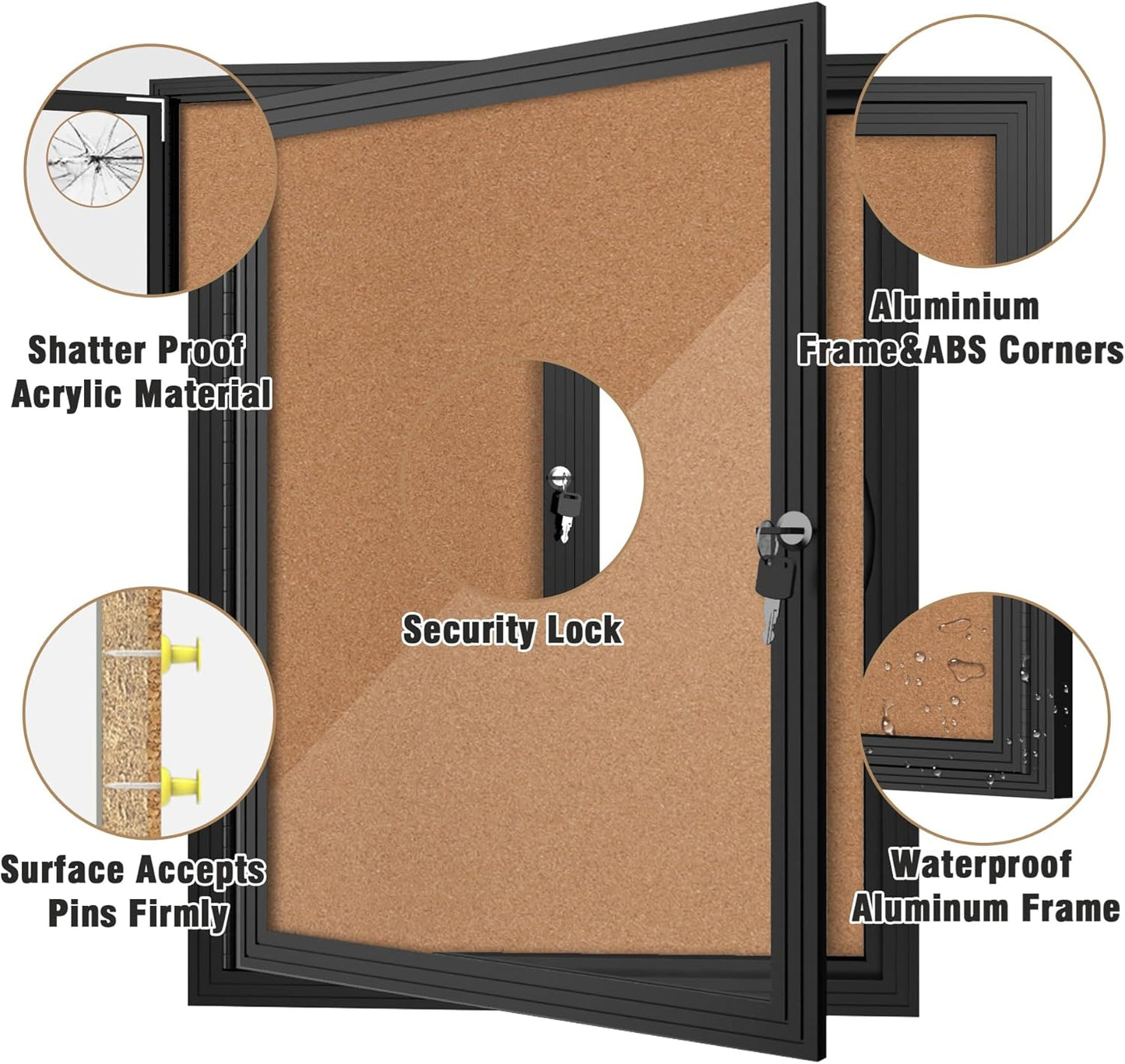 26"x20" Enclosed Bulletin Board, Outdoor Lockable Weather-Resistant Aluminum Cork Noticeboard for School & Office, Black Frame w/Cork