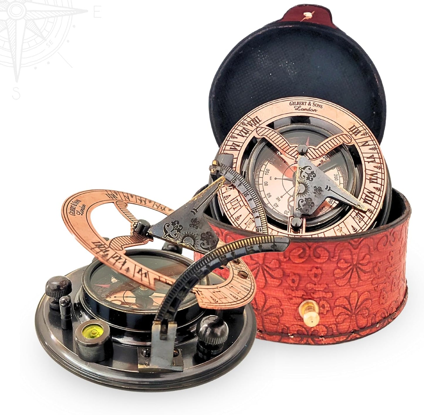 Antique Brass & Copper Sundial Compass, Sundial Clock in Box Gift Sun Clock Ship Replica Watch, Nautical Gifts for Men, Unique Nautical Decor, Naval Maritime Sundial (#5 Antique Gilbert)