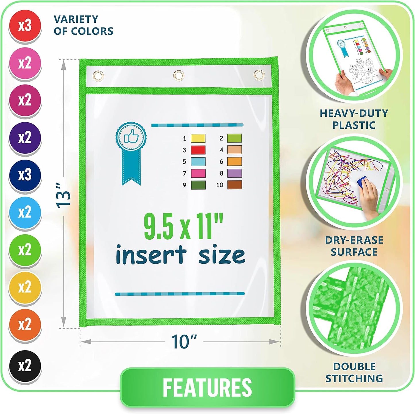 22 Dry Erase Pockets Reusable Sleeves 10x13 - Dry Erase Pocket Sleeves Dry-Erase Sleeve Classroom Pack Dry-Erase Sheet Protectors Pouches Write and Wipe Pockets Erasable Pocket Sleeves for Classroom