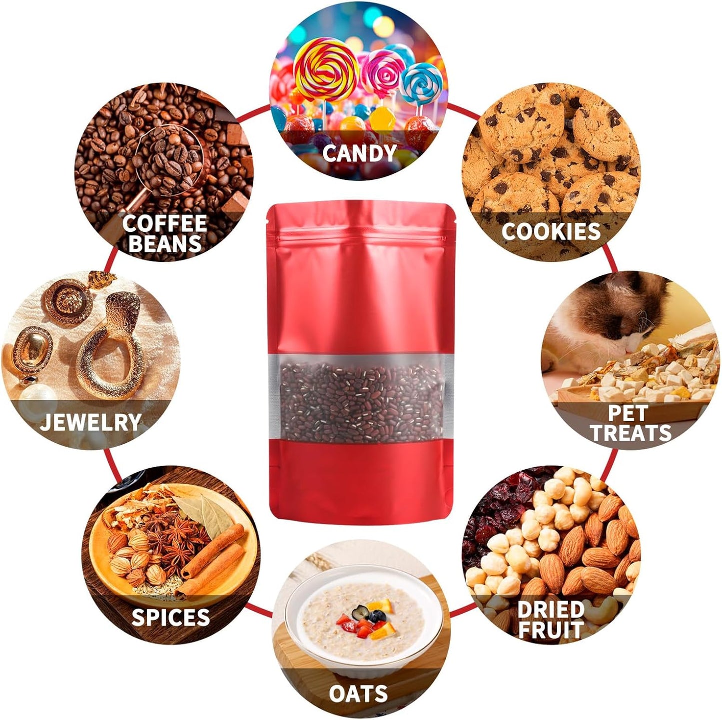 100 Pack Smell Proof Bags, Resealable Red Mylar Bags with Matte Window, Foil Pouch Stand Up Sealable Bags for Packaging, 4.72 × 7.87 Inch