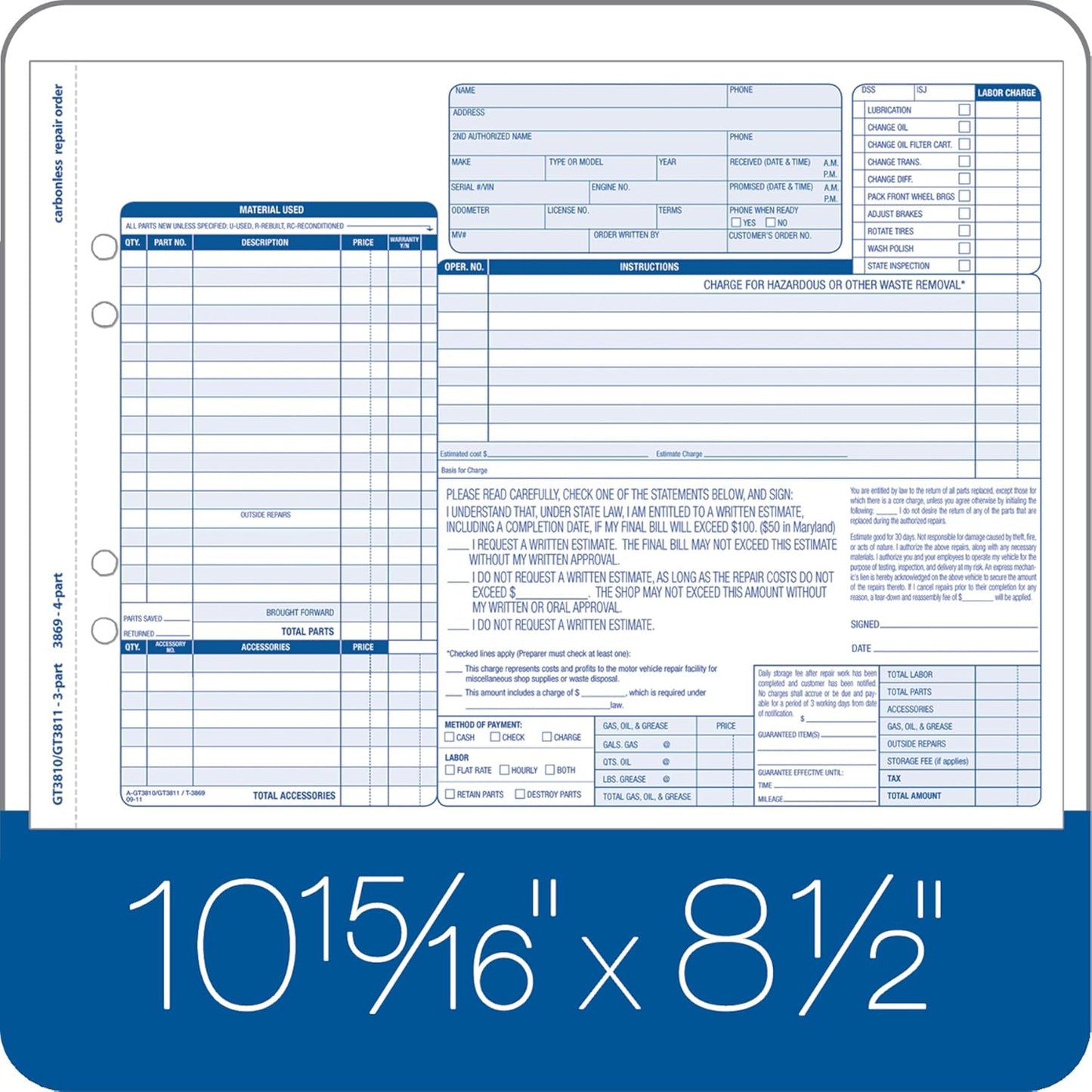 Adams Garage Repair Order Forms, 8.5 x 11 Inch, 3 Parts, 250-Count, White and Canary and White Tag (GT3811)