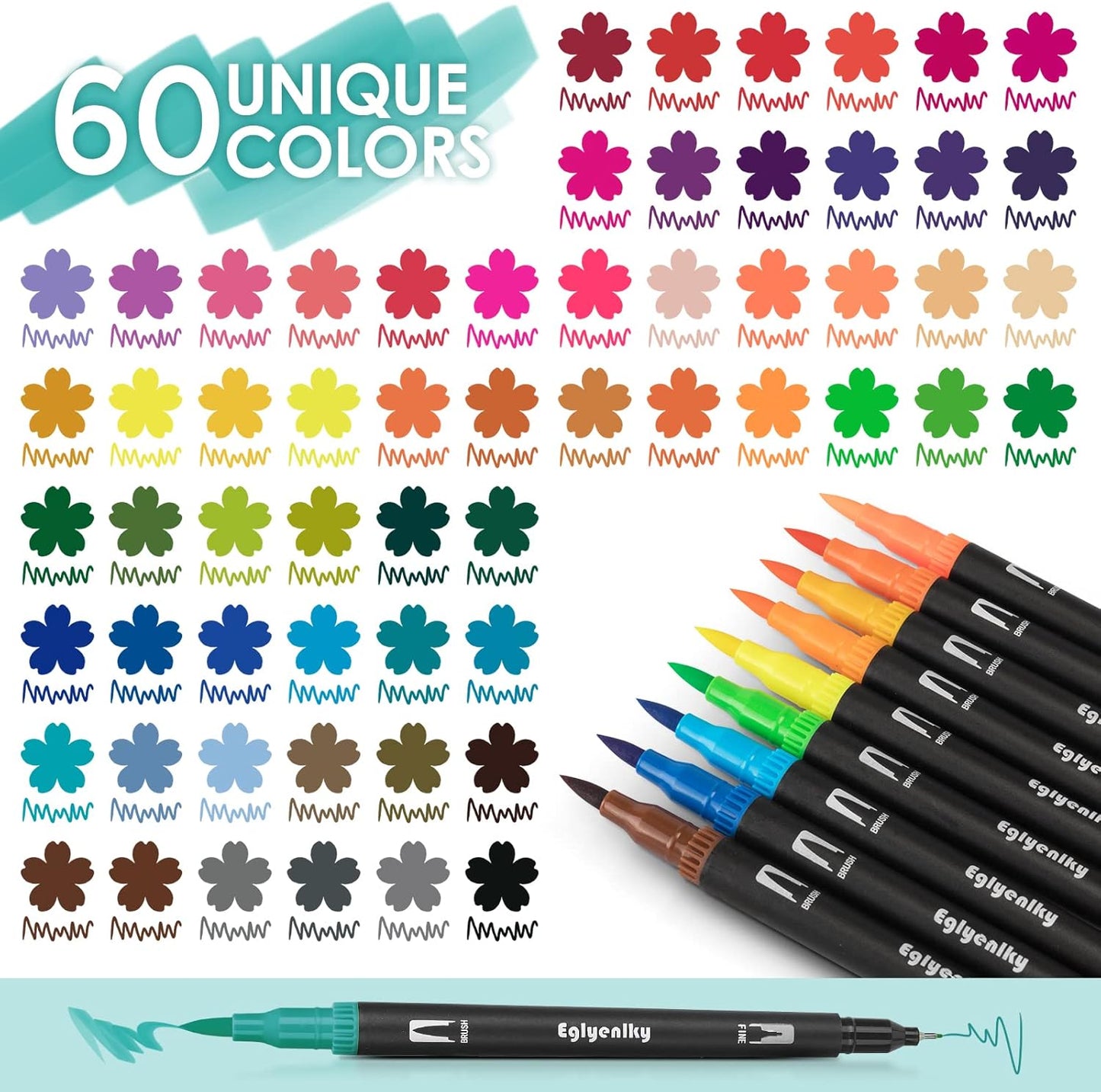 60 Coloring Pens for Adult Coloring Books, Dual Tip Brush Pens, Felt Markers with Fine and Brush Watercolor Marker Set for Kid Adult Artist Drawing