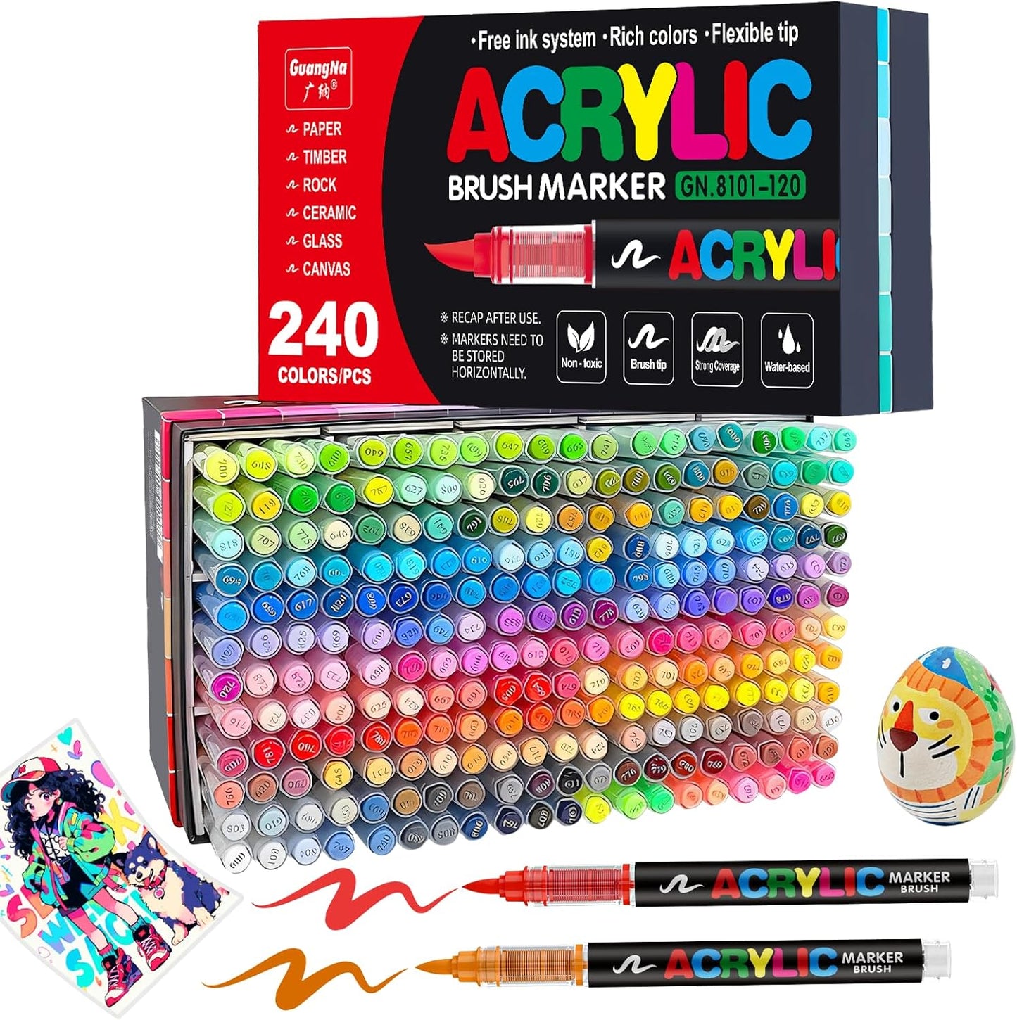 JRQ 240 Colors Acrylic Paint Markers, Brush Tip Acrylic Paint Pens for Wood Rock Glass Canvas Stone Fabric Glass Metal Ceramic Canvas DIY Crafts Art Supplies Kids Gifts