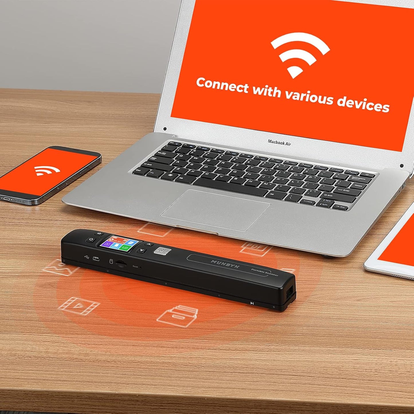 MUNBYN Portable Scanner, Photo Scanner for Documents, Pictures, Texts at 1050 DPI, Flat Scanning, Includes 16GB Card, Wand Document Reader with Wi-Fi or USB for Uploading to PC/Phone, No Driver Needed