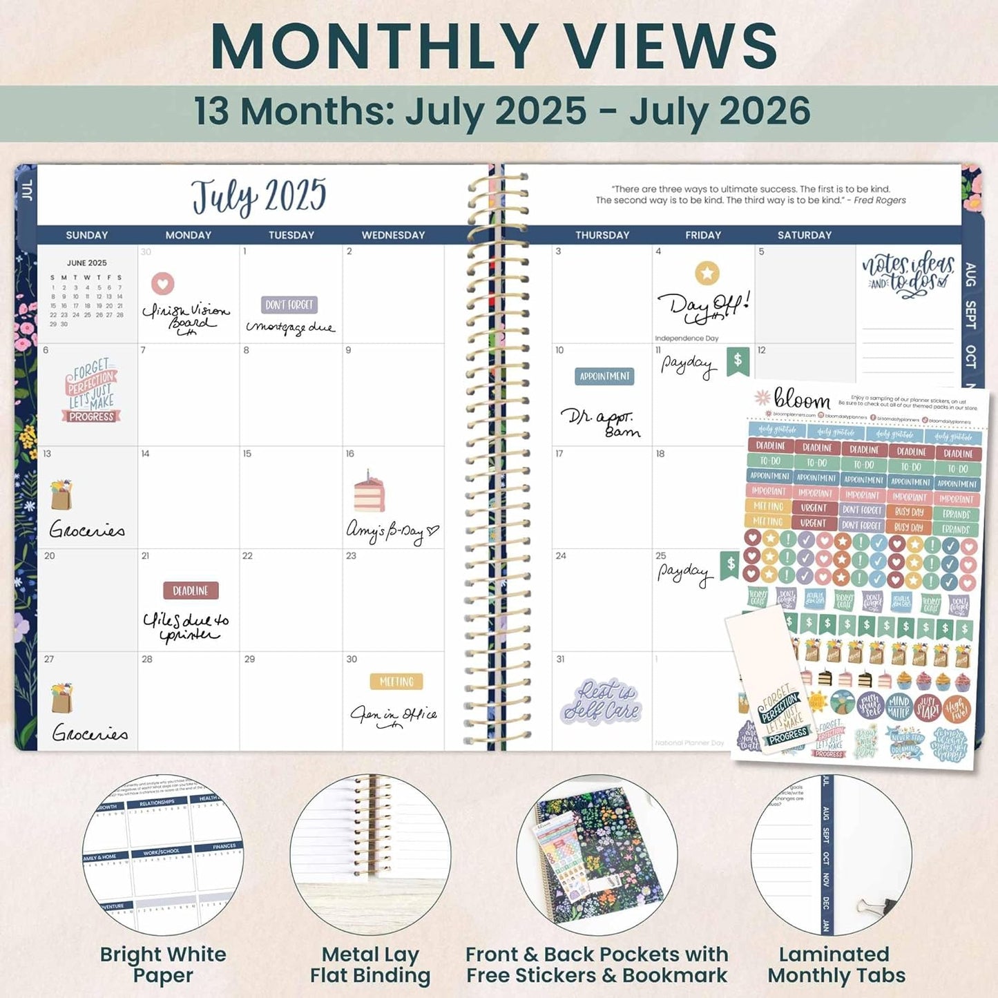 bloom daily planners 2025-2026 (8.5" x 11") Academic Year Day Planner (July 2025 - July 2026) - Weekly & Monthly Dated Agenda Organizer with Stickers & Tabs - Garden Party, Navy