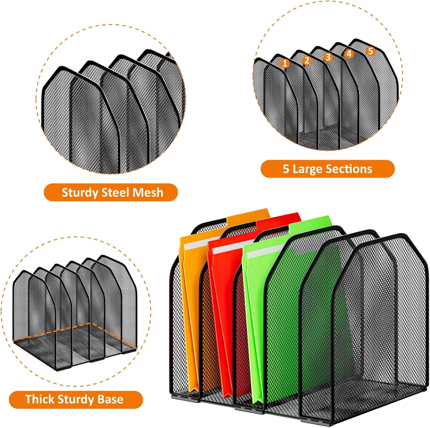 Desk File Organizer, Adjustable 5 Sections Upright Desktop Organizer File Sorter, Sturdy Metal Mesh Vertical Bookshelf File Holder Workspace Accessories for Home,School,Office Classroom,Black