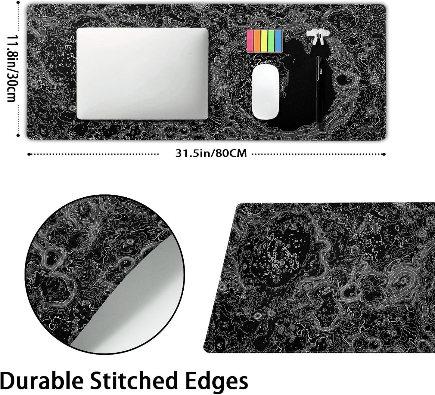 Black Whtie Topographic Gaming Mouse Pad XL Topo Moon Relief Map Extended Large Mat Mousepad Desk Pad Non-Slip Rubber Base Stitched Edge Long Keyboard Playmat for Desk Computer,31.5×11.8 Inch