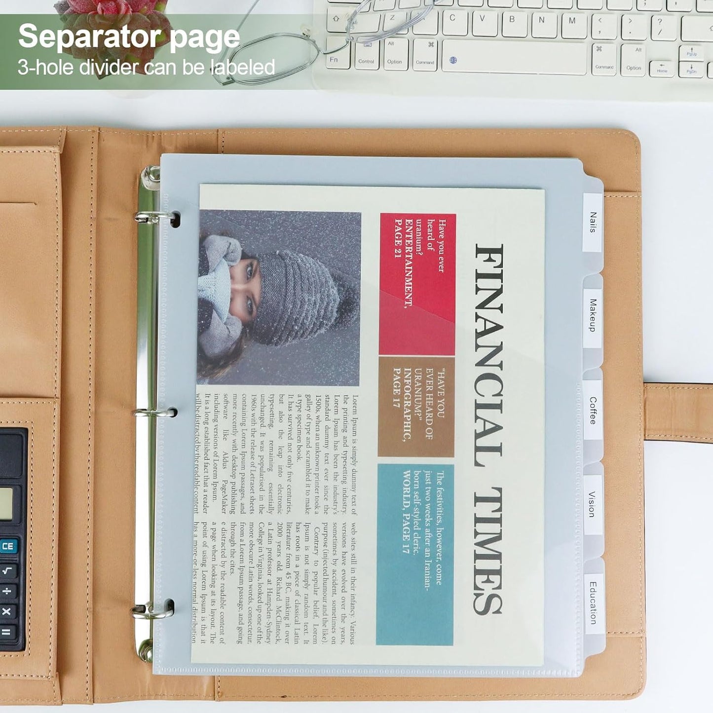 5 tab dividers for 3 Ring Binder with Pockets, Plastic Dividers with Clear Front Pocket, 5-tab Index Dividers with 3 Holes Punched for School & Office Supplies (Grey)