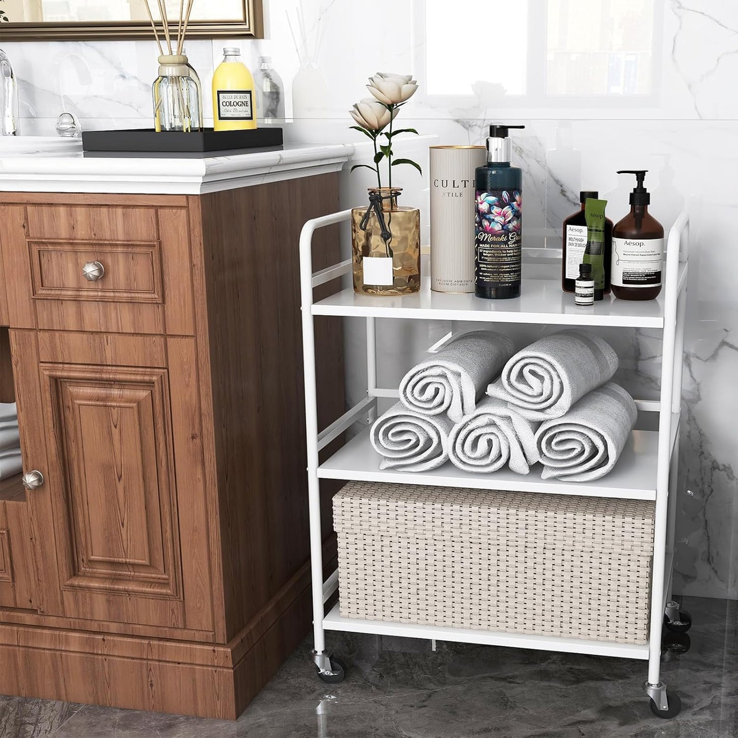 HDANI 3 Tier Metal Utility Multipurpose Rolling Cart, Large Capacity Heavy Duty With Lockable Wheels for Home, Office, Kitchen, Bathroom, Bedroom (White)