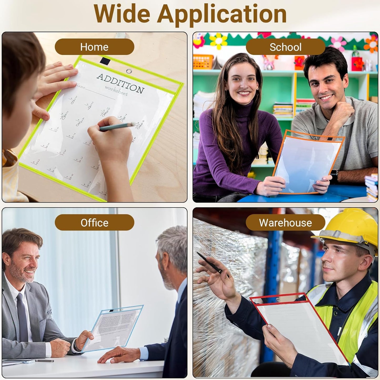 50 Pack Oversized Dry Erase Pocket Sleeves - 10 x 13 Inch Ticket Holders Reusable Clear Plastic Sleeves Sheet Page Protectors for School Teacher Supplies & Classroom Organization, 5 Colors