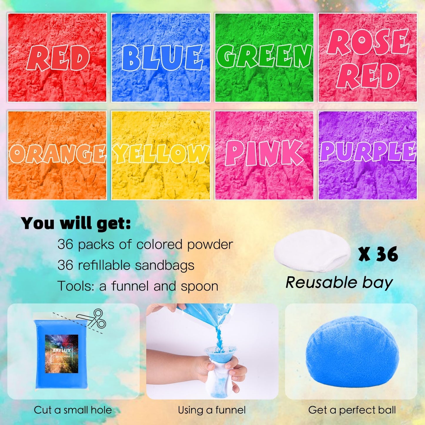 ARELUX Holi Powder Color Run Powder Balls 36 Pack 80g Each Natural, Throwing Balls of Washable Chalk Powder Paint for Color War, Rangoli, Fun Run, Party & Festival
