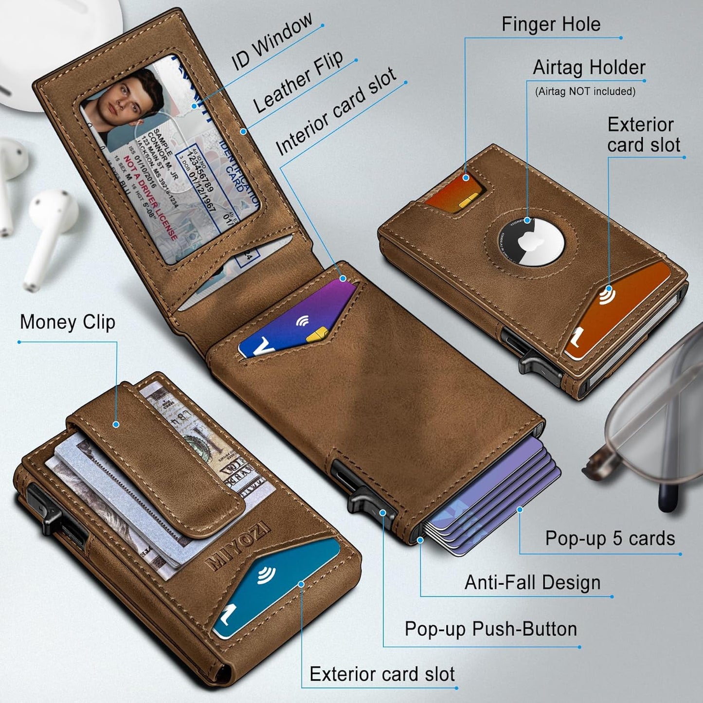 Airtag Wallet for Men,with Money Clip Gift Boxed,Slim Front Pocket Wallet RFID Blocking Metal Case Smart Pop-up Credit Card Holder in Magnetic Leather Flip