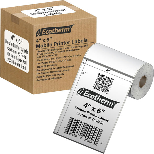 4" x 6" Mobile Printer Labels | 25 Rolls | 2625 Labels | fits Zebra ZQ630, QL420, and QLn420 Printers | Black Mark On Liner | .75" Core Rolls | by Ecotherm