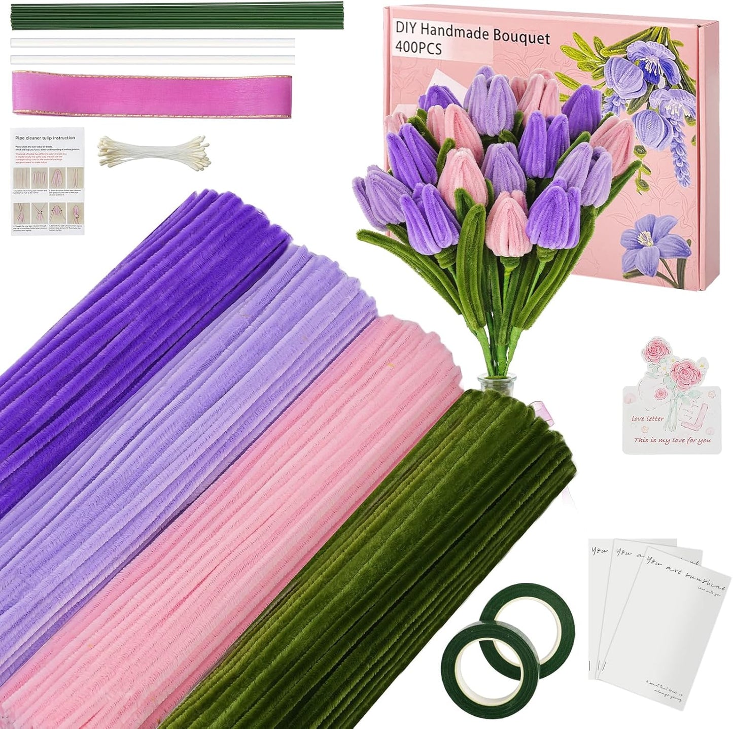 400 Pcs Chenille Stems Flowers Craft Kit,4 Colors Pipe Cleaners Bulk for DIY Floral Arrangements with Floral Wires, Gardening Tape,Hot Glue Stick,Greeting Card,Bouquet Paper, Stamen & Ribbon