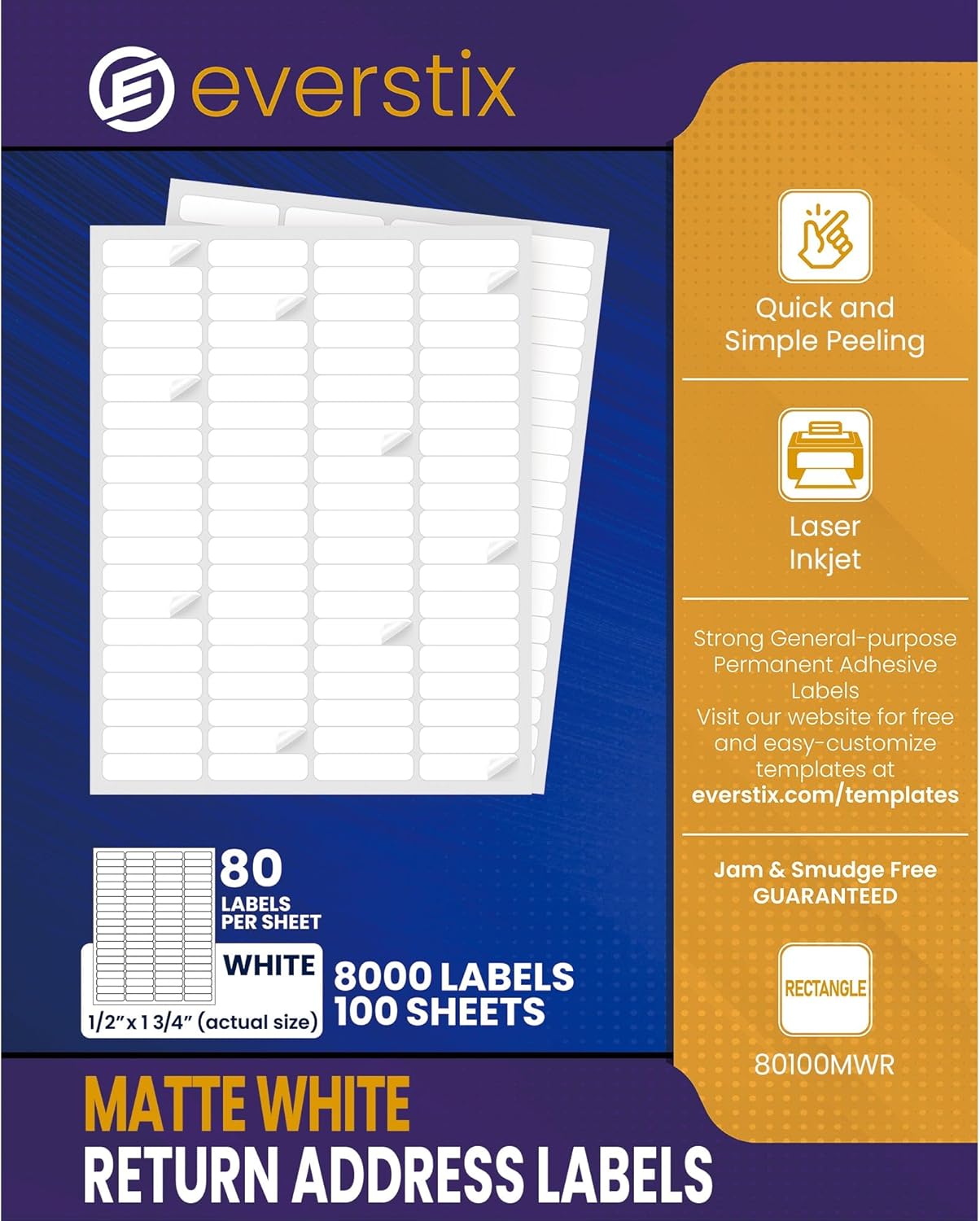 1/2" x 1-3/4", 100 Sheets, 8000 Return Address Labels for Laser & Inkjet Printers, Letter Size